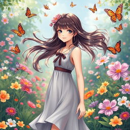 A beautiful girl with flowing hair, wearing a stylish dress, standing in a serene garden filled with blooming flowers and butterflies