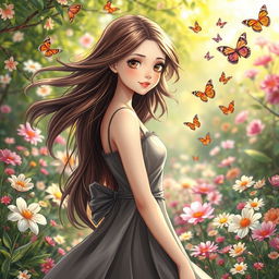 A beautiful girl with flowing hair, wearing a stylish dress, standing in a serene garden filled with blooming flowers and butterflies
