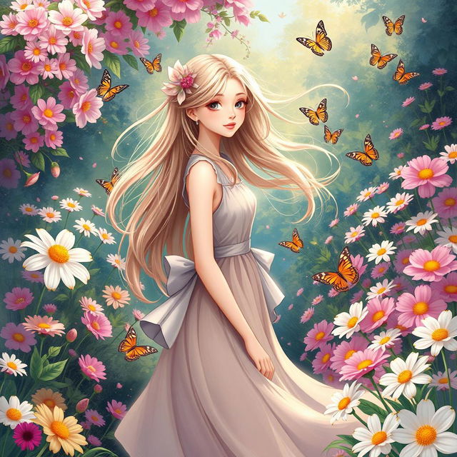 A beautiful girl with flowing hair, wearing a stylish dress, standing in a serene garden filled with blooming flowers and butterflies