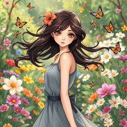 A beautiful girl with flowing hair, wearing a stylish dress, standing in a serene garden filled with blooming flowers and butterflies