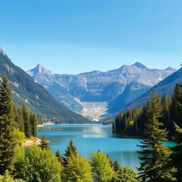 A beautiful landscape featuring a serene lake surrounded by lush green trees and majestic mountains in the background under a clear blue sky