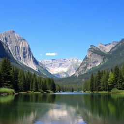 A beautiful landscape featuring a serene lake surrounded by lush green trees and majestic mountains in the background under a clear blue sky