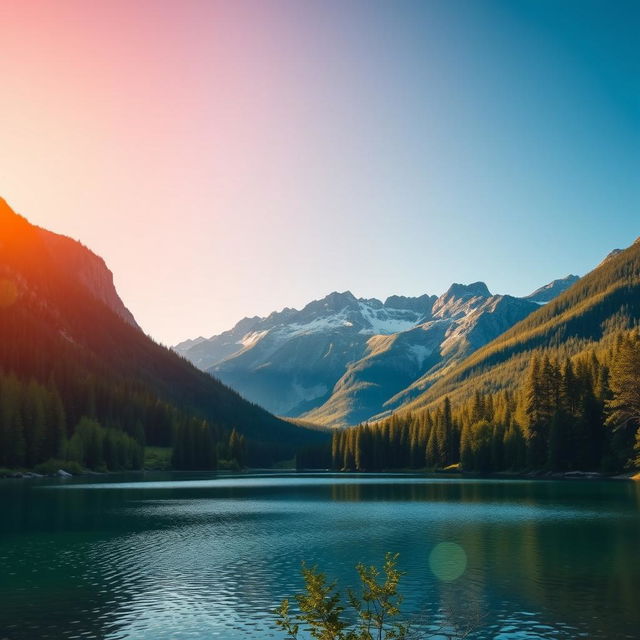 A beautiful landscape featuring a serene lake surrounded by lush green trees and majestic mountains in the background under a clear blue sky