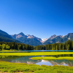 A beautiful landscape featuring a serene lake surrounded by lush green trees and majestic mountains in the background under a clear blue sky