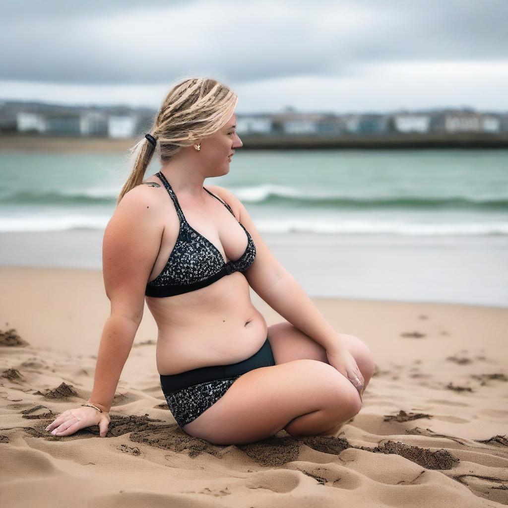 A chubby blonde woman with hair in pigtails is kneeling on St Ives beach with the town behind her