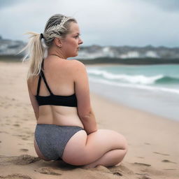 A chubby blonde woman with hair in pigtails is kneeling on St Ives beach with the town behind her