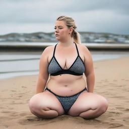 A chubby blonde woman with hair in pigtails is kneeling on St Ives beach with the town behind her