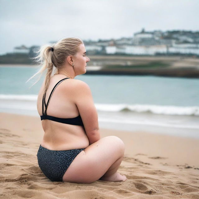 A chubby blonde woman with hair in pigtails is kneeling on St Ives beach with the town behind her