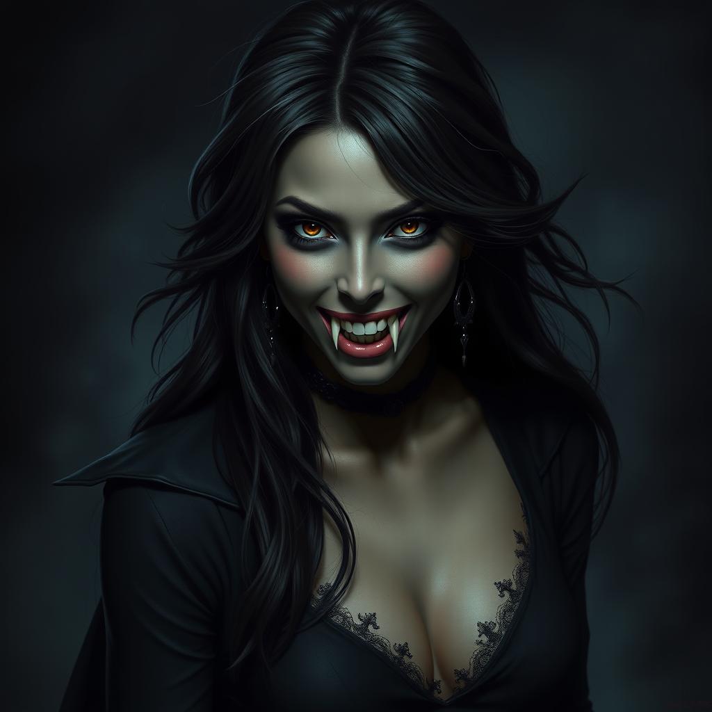 An ultra-realistic, high-quality image of a Black female vampire with sharp fangs