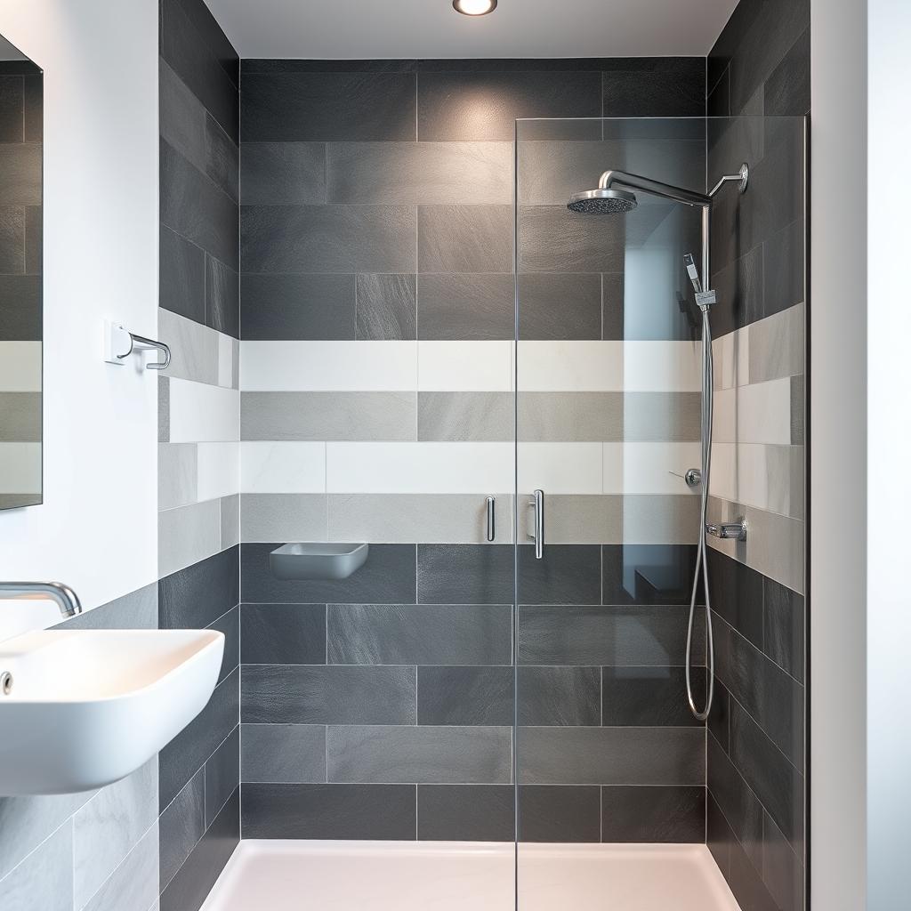 A modern bathroom featuring a shower area with tiles in dark gray, white, and light gray