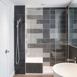 A modern bathroom featuring a shower area with tiles in dark gray, white, and light gray