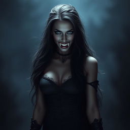 An ultra-realistic, high-quality image of a Black female vampire with sharp fangs