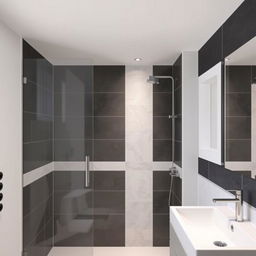 A modern bathroom featuring a shower area with tiles in dark gray, white, and light gray