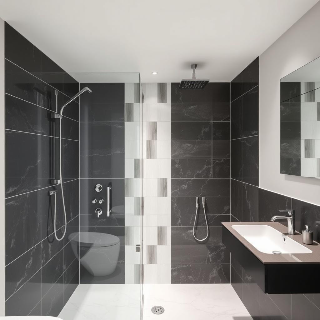 A modern bathroom featuring a shower area with tiles in dark gray, white, and light gray