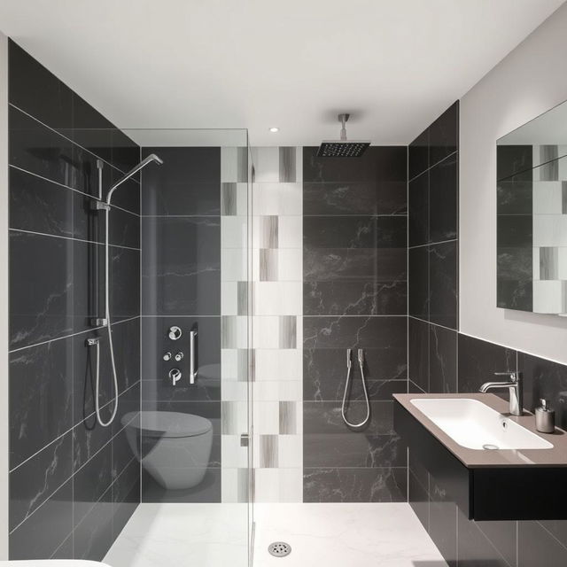 A modern bathroom featuring a shower area with tiles in dark gray, white, and light gray