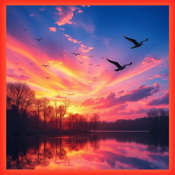 A vibrant and colorful image featuring a beautiful sunset over a serene lake, with birds flying in the sky and trees reflecting on the water