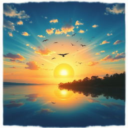 A vibrant and colorful image featuring a beautiful sunset over a serene lake, with birds flying in the sky and trees reflecting on the water