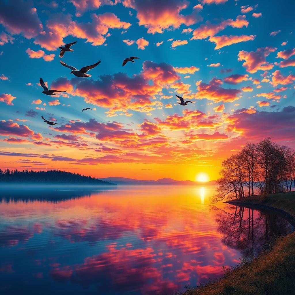 A vibrant and colorful image featuring a beautiful sunset over a serene lake, with birds flying in the sky and trees reflecting on the water