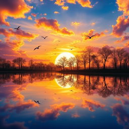 A vibrant and colorful image featuring a beautiful sunset over a serene lake, with birds flying in the sky and trees reflecting on the water