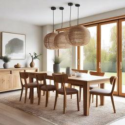 A large wooden dining table with comfortable chairs, ideal for family dinners