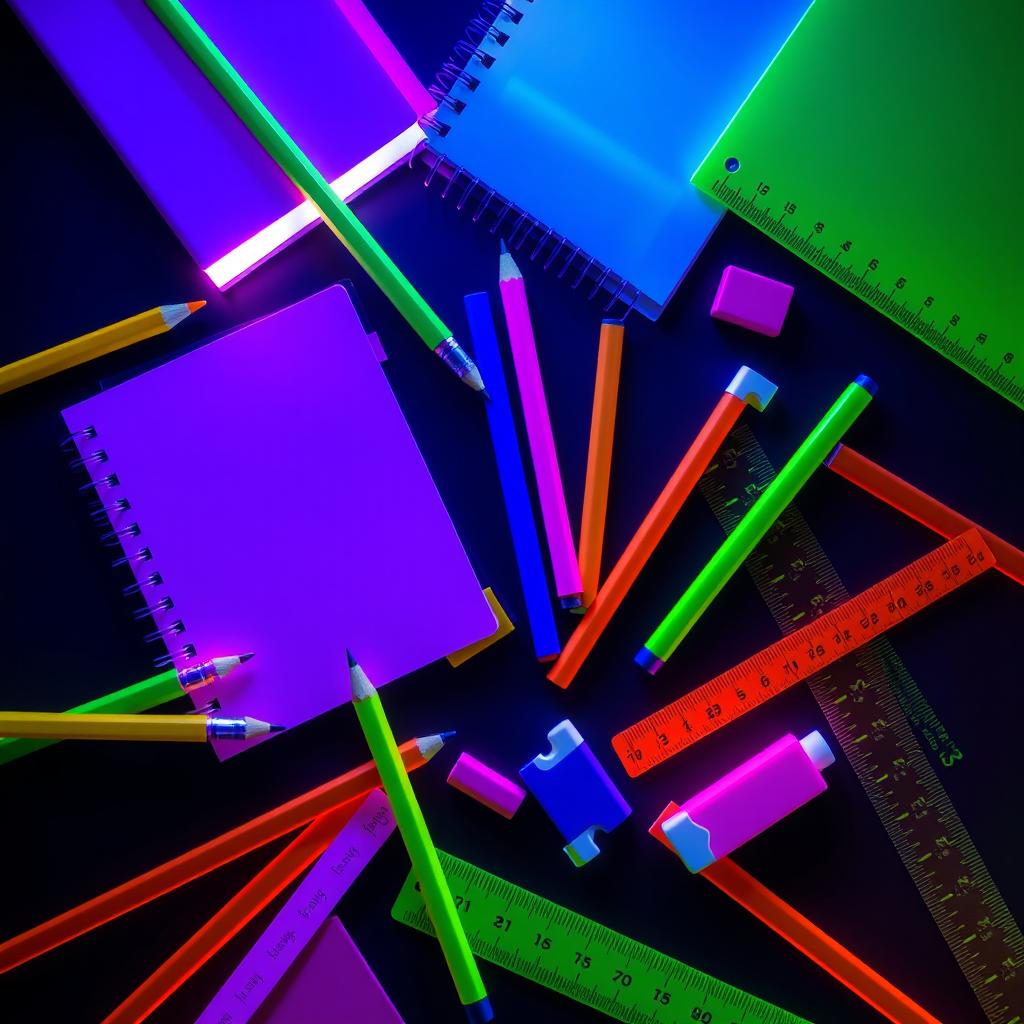 Dynamic arrangement of neon-colored school supplies, glowing intensely against a black background