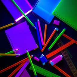 Dynamic arrangement of neon-colored school supplies, glowing intensely against a black background