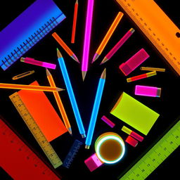 Dynamic arrangement of neon-colored school supplies, glowing intensely against a black background