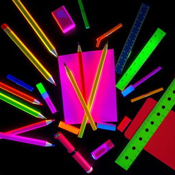 Dynamic arrangement of neon-colored school supplies, glowing intensely against a black background