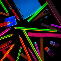 Dynamic arrangement of neon-colored school supplies, glowing intensely against a black background