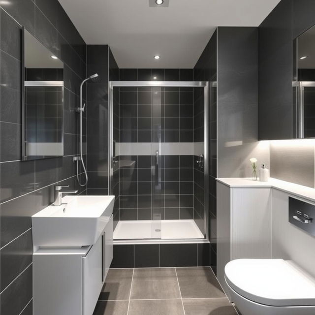 A modern square-shaped bathroom featuring a shower area, sink, and toilet