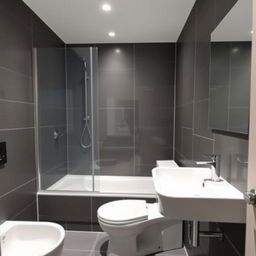 A modern square-shaped bathroom featuring a shower area, sink, and toilet