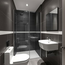 A modern square-shaped bathroom featuring a shower area, sink, and toilet