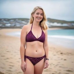 A curvy blonde woman with her hair tied back is posing on St Ives beach with the town behind her