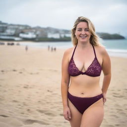 A curvy blonde woman with her hair tied back is posing on St Ives beach with the town behind her