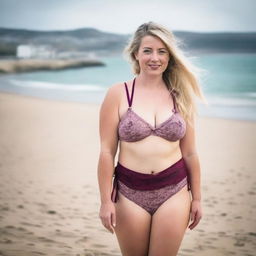 A curvy blonde woman with her hair tied back is posing on St Ives beach with the town behind her