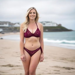 A curvy blonde woman with her hair tied back is posing on St Ives beach with the town behind her