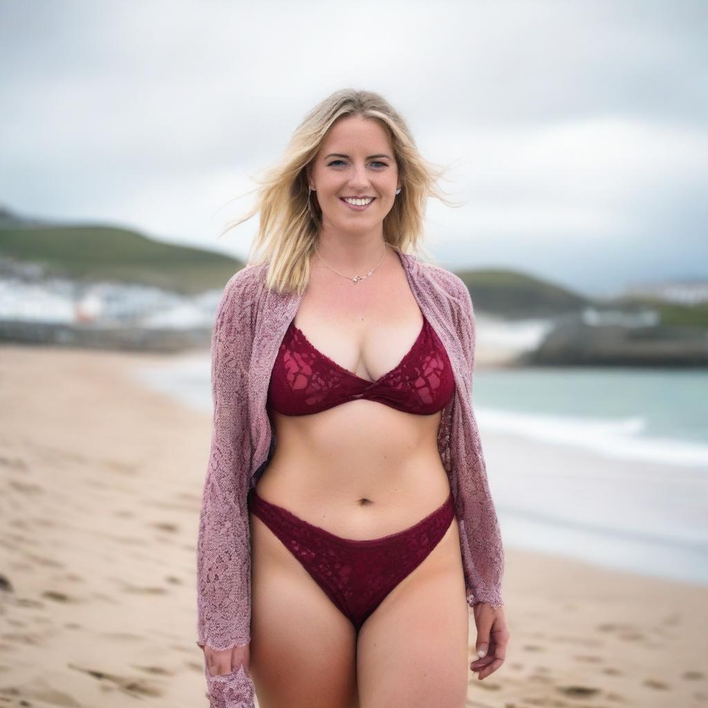 A curvy and voluptuous blonde woman with her hair tied back is posing on St Ives beach with the town behind her