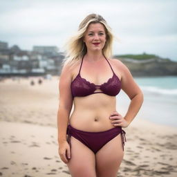 A curvy and voluptuous blonde woman with her hair tied back is posing on St Ives beach with the town behind her