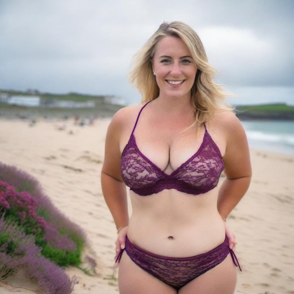 A curvy and voluptuous blonde woman with her hair tied back is posing on St Ives beach with the town behind her