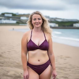 A curvy and voluptuous blonde woman with her hair tied back is posing on St Ives beach with the town behind her