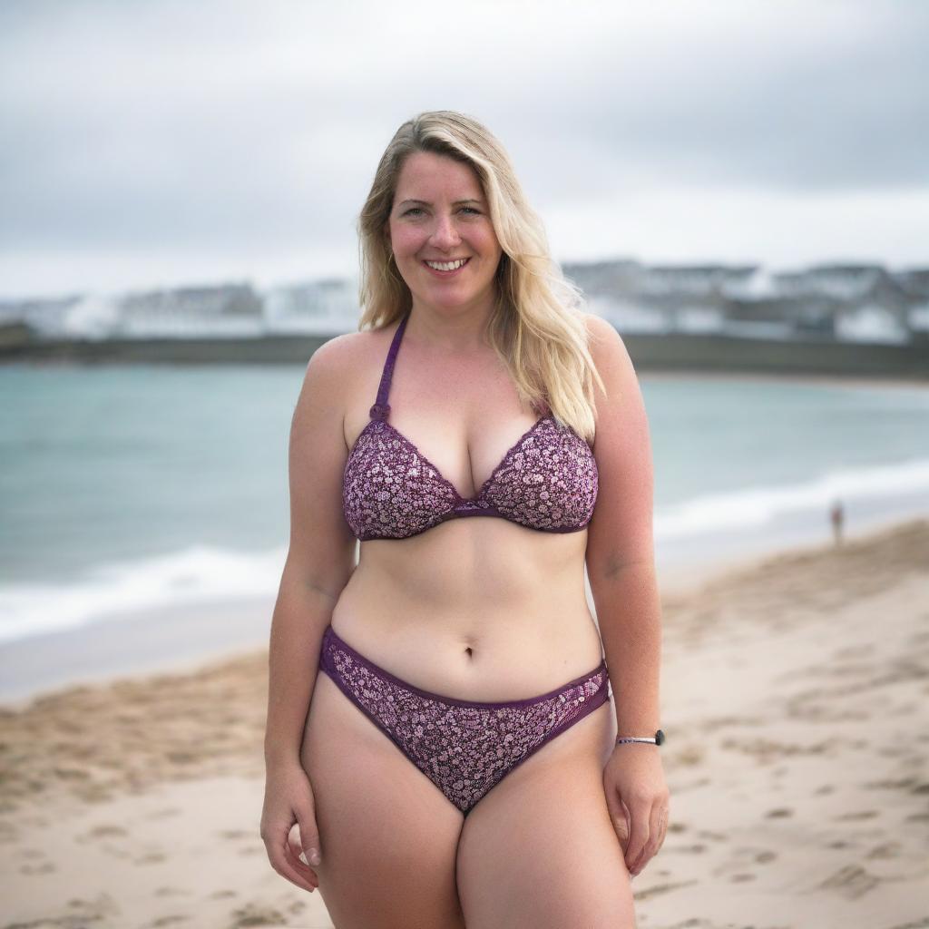 A curvy and fat blonde woman with her hair tied back is posing on St Ives beach with the town behind her