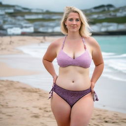 A curvy and fat blonde woman with her hair tied back is posing on St Ives beach with the town behind her