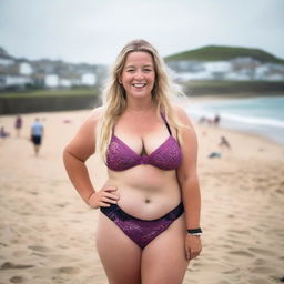 A curvy and fat blonde woman with her hair tied back is posing on St Ives beach with the town behind her