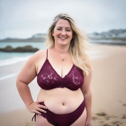 A curvy and fat blonde woman with her hair tied back is posing on St Ives beach with the town behind her