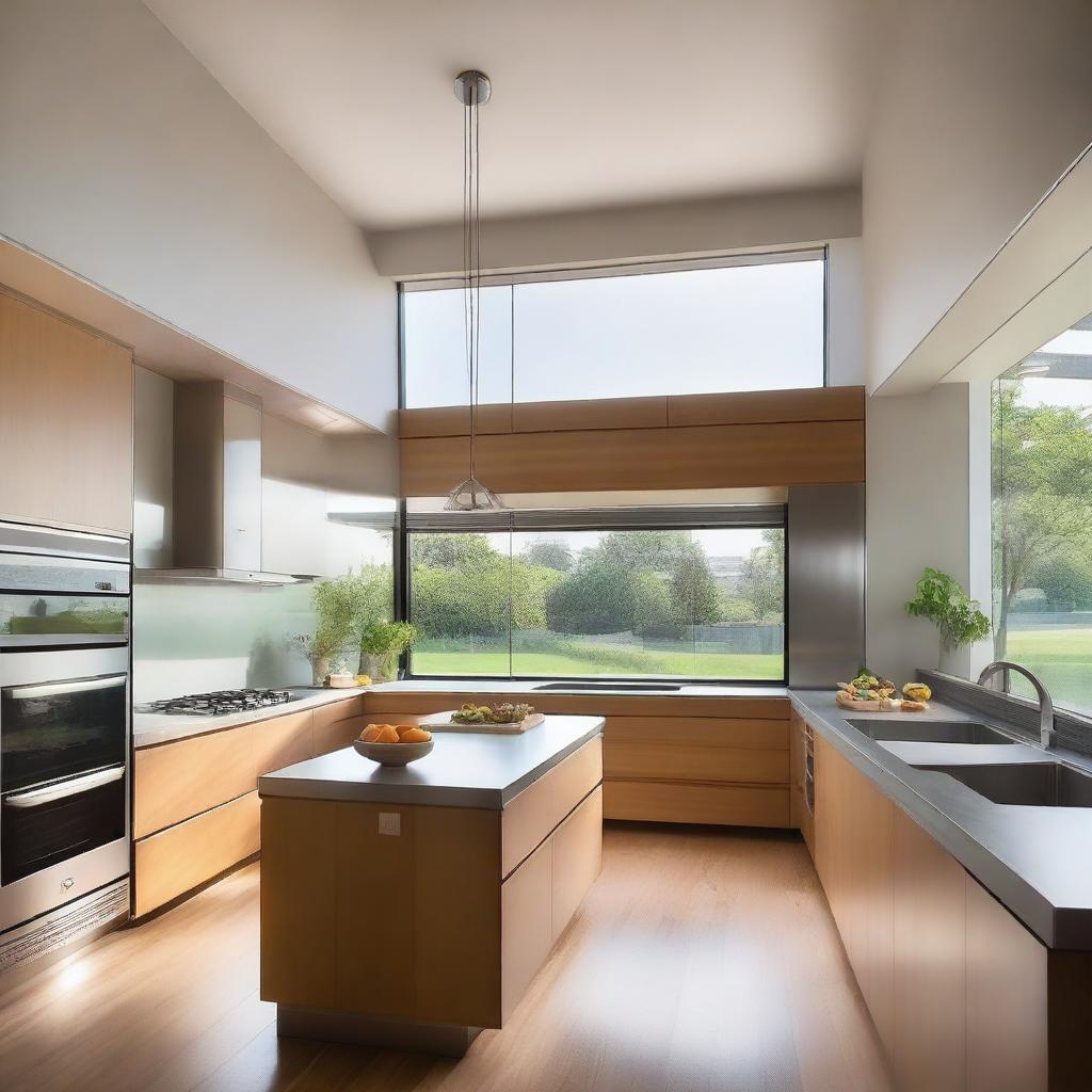 The kitchen is modern, featuring stainless steel and wood finishes