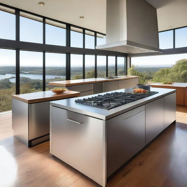 The kitchen is modern, featuring stainless steel and wood finishes