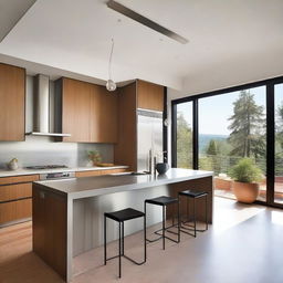 The kitchen is modern, featuring stainless steel and wood finishes