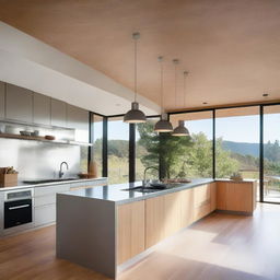 The kitchen is modern, featuring stainless steel and wood finishes