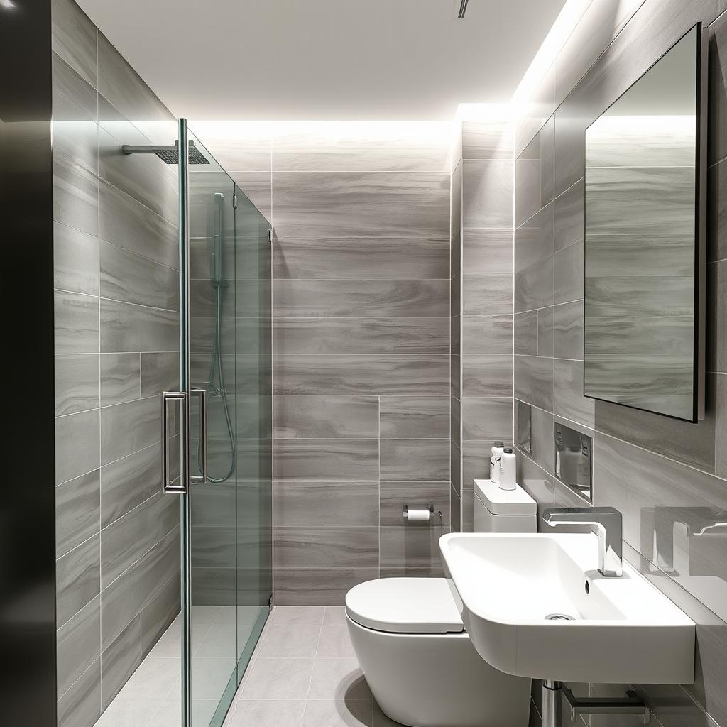 A modern square-shaped bathroom featuring a shower area, sink, and toilet