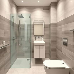 A modern square-shaped bathroom featuring a shower area, sink, and toilet